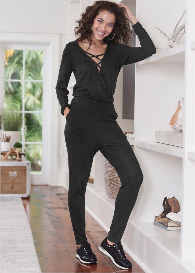 Venus Cozy Hacci Lace-Up Jumpsuit in Black Venus Cozy Hacci Lace-Up Jumpsuit in Black