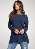 Venus Lace Trim Cozy Knit Top in Navy Venus Lace Trim Cozy Knit Top in Navy