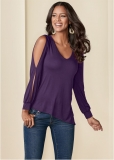 Venus V-Neck Cold-Shoulder Top in Dark Purple Venus V-Neck Cold-Shoulder Top in Dark Purple