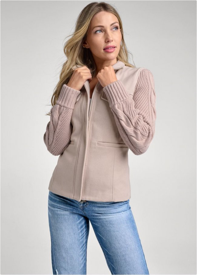 Venus Sweater-Sleeve Zip Jacket in Taupe Venus Sweater-Sleeve Zip Jacket in Taupe