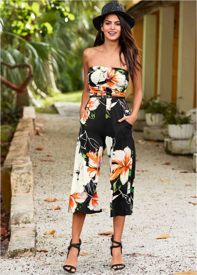 Venus Strapless Culotte Jumpsuit in Black Multi Venus Strapless Culotte Jumpsuit in Black Multi