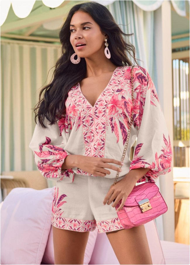 Venus Strawberry Floral Print Top in Pink Multi Venus Strawberry Floral Print Top in Pink Multi