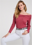Venus VENUS | Off-The-Shoulder Shimmer Sweater in Red Multi Venus VENUS | Off-The-Shoulder Shimmer Sweater in Red Multi