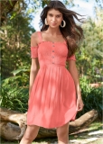 Venus Smocked A-Line Mini Dress - Coral Venus Smocked A-Line Mini Dress - Coral