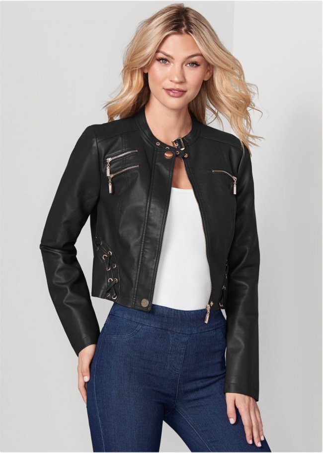 Venus Faux-Leather Lace-Up Jacket in Black Venus Faux-Leather Lace-Up Jacket in Black