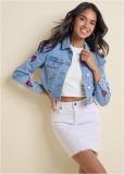 Venus Heart Cropped Jean Jacket in Blue Multi Venus Heart Cropped Jean Jacket in Blue Multi