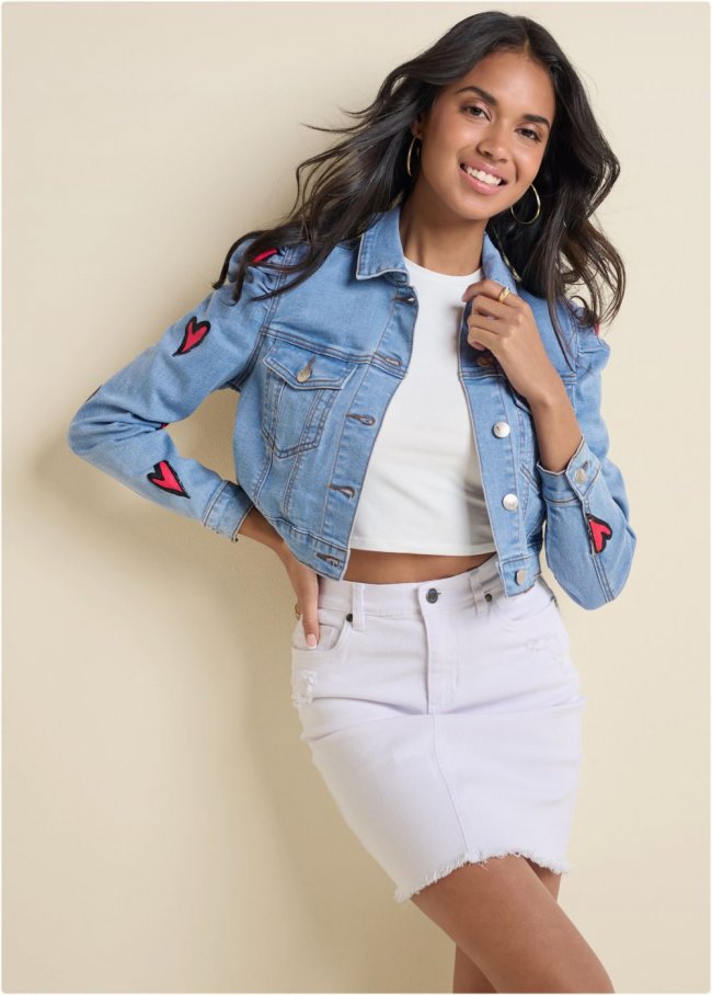 Venus Heart Cropped Jean Jacket in Blue Multi Venus Heart Cropped Jean Jacket in Blue Multi