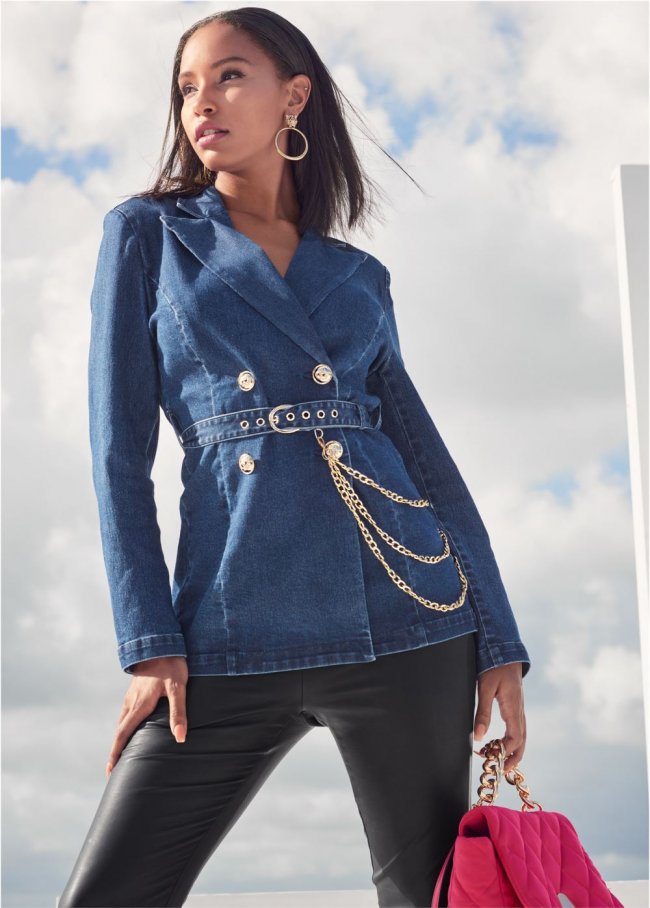Venus Chain Detail Jean Jacket in Medium Wash Venus Chain Detail Jean Jacket in Medium Wash