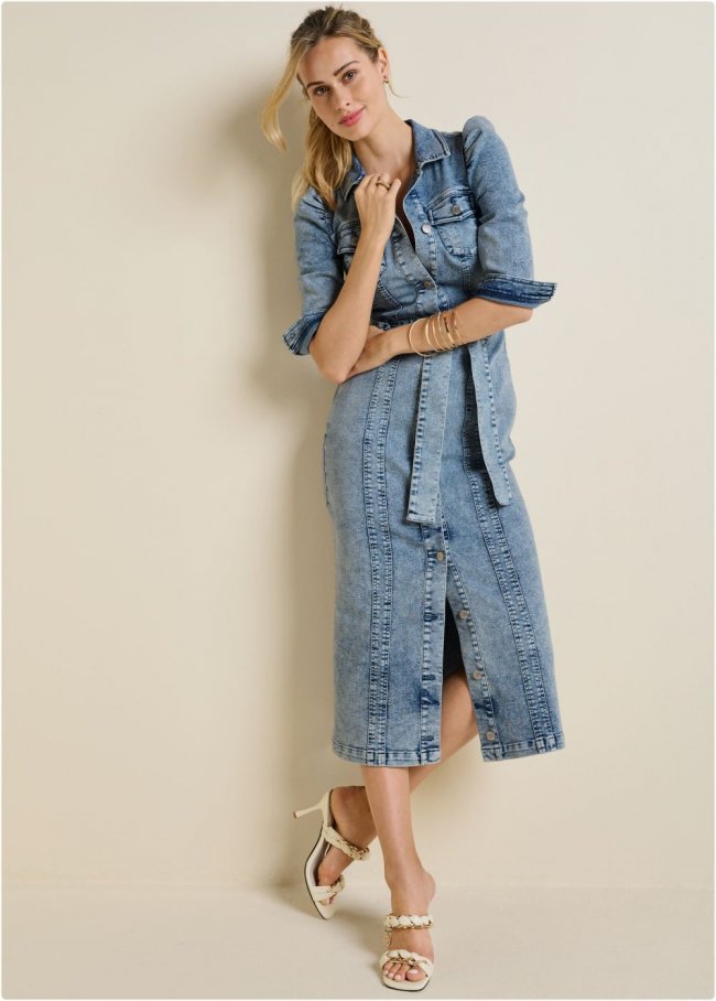 Venus Tie-Waist Denim Midi Dress - Acid Wash Venus Tie-Waist Denim Midi Dress - Acid Wash