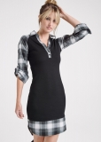 Venus Plaid Detail Henley Dress - Black & White Venus Plaid Detail Henley Dress - Black & White