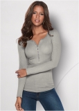 Venus Ribbed Henley Top in Heather Grey Venus Ribbed Henley Top in Heather Grey