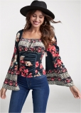 Venus Velvet Floral Print Top in Black Multi Venus Velvet Floral Print Top in Black Multi