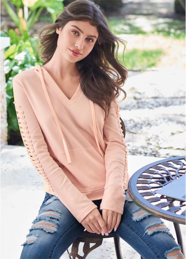 Venus Pearl Cutout Sleeve Hoodie in Pink Venus Pearl Cutout Sleeve Hoodie in Pink