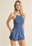 Venus Smocked Chambray Romper in Medium Wash Venus Smocked Chambray Romper in Medium Wash
