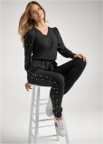 Venus Pearl Detail Lounge Pant Set in Black Venus Pearl Detail Lounge Pant Set in Black