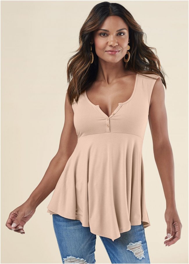 Venus Henley Babydoll Top in Beige Venus Henley Babydoll Top in Beige