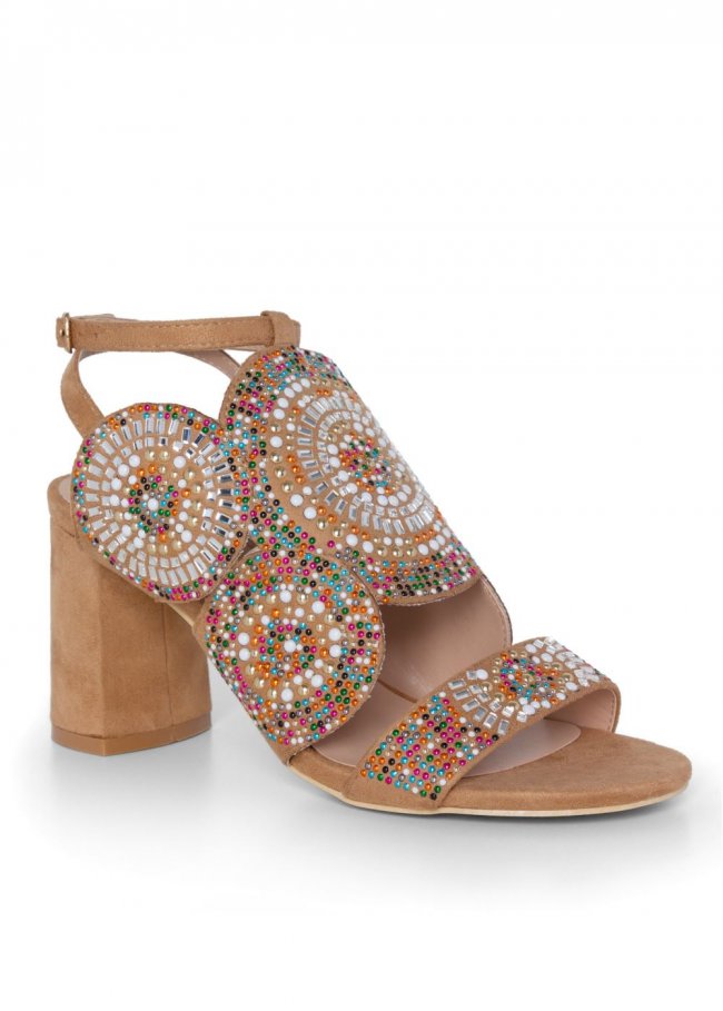 Venus Beaded Block Heels in Tan Multi Venus Beaded Block Heels in Tan Multi