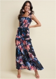 Venus Smocked Floral Print Dress - Black Multi Venus Smocked Floral Print Dress - Black Multi