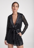 Venus Sequin Tuxedo Romper in Black Venus Sequin Tuxedo Romper in Black