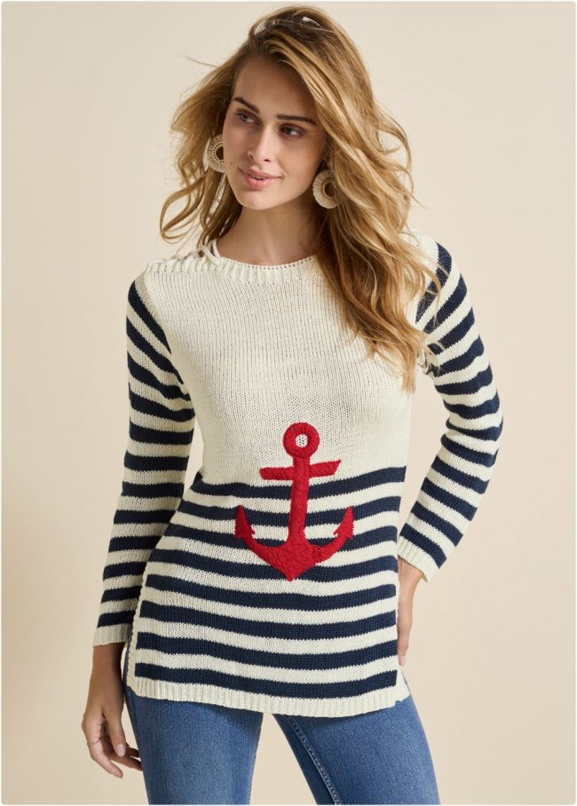 Venus VENUS | Anchor Crew Neck Sweater in White Multi Venus VENUS | Anchor Crew Neck Sweater in White Multi