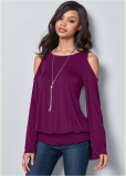 Venus Cold-Shoulder Blouson Top in Dark Purple Venus Cold-Shoulder Blouson Top in Dark Purple