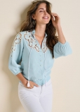 Venus Eyelet Smocked Hem Blouse in Blue & White Venus Eyelet Smocked Hem Blouse in Blue & White