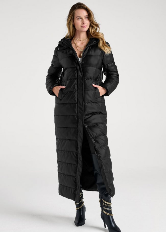 Venus Faux Leather Puffer Trench Coat in Black Venus Faux Leather Puffer Trench Coat in Black