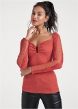 Venus VENUS | Lace Sleeve Ribbed Sweater in Red Venus VENUS | Lace Sleeve Ribbed Sweater in Red