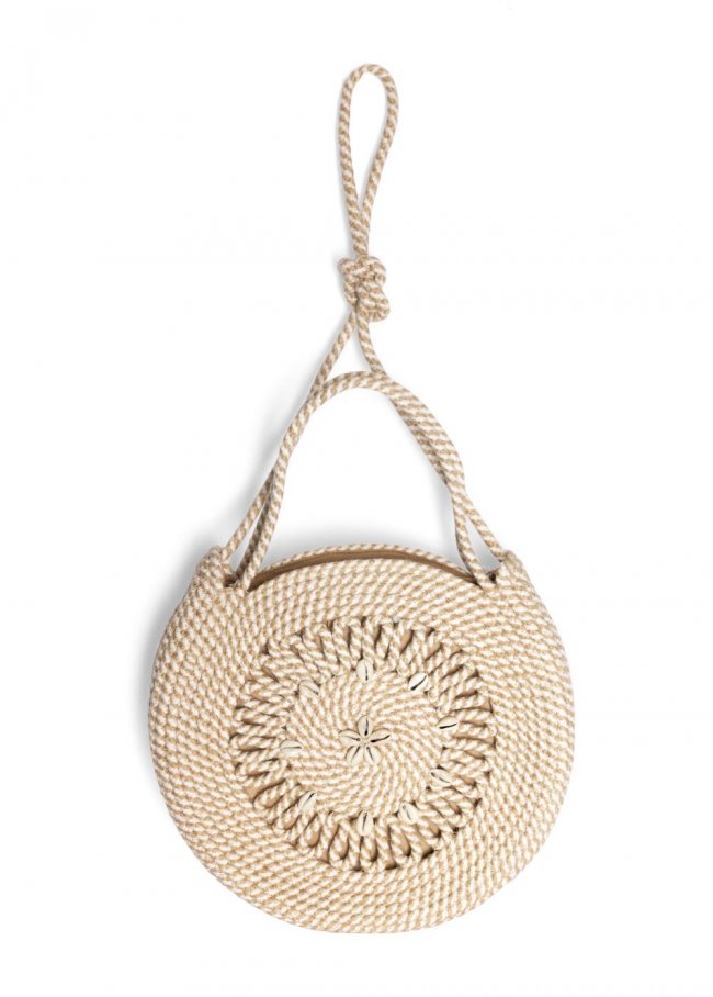 Venus Striped Rope Shell Tote Bag in Tan & White Venus Striped Rope Shell Tote Bag in Tan & White