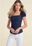 Venus Ruched Mesh Short Sleeve Top in Navy Venus Ruched Mesh Short Sleeve Top in Navy