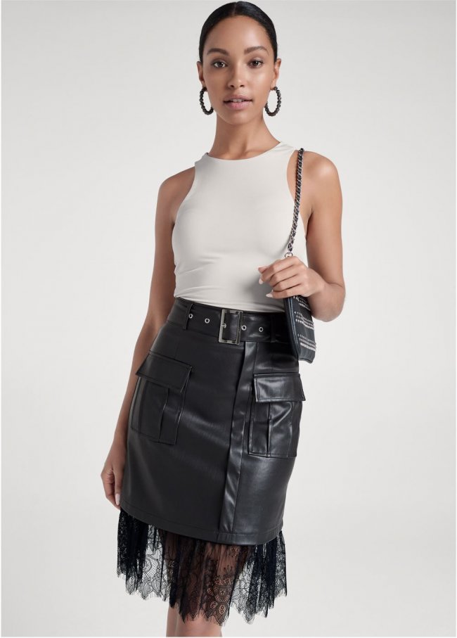 Venus Belted Lace Faux Leather Skirt - Black Venus Belted Lace Faux Leather Skirt - Black