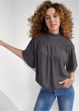 Venus Smocked Blouson Top in Dark Grey Venus Smocked Blouson Top in Dark Grey