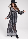 Venus Printed V-Neck Long Dress - Black & White Venus Printed V-Neck Long Dress - Black & White