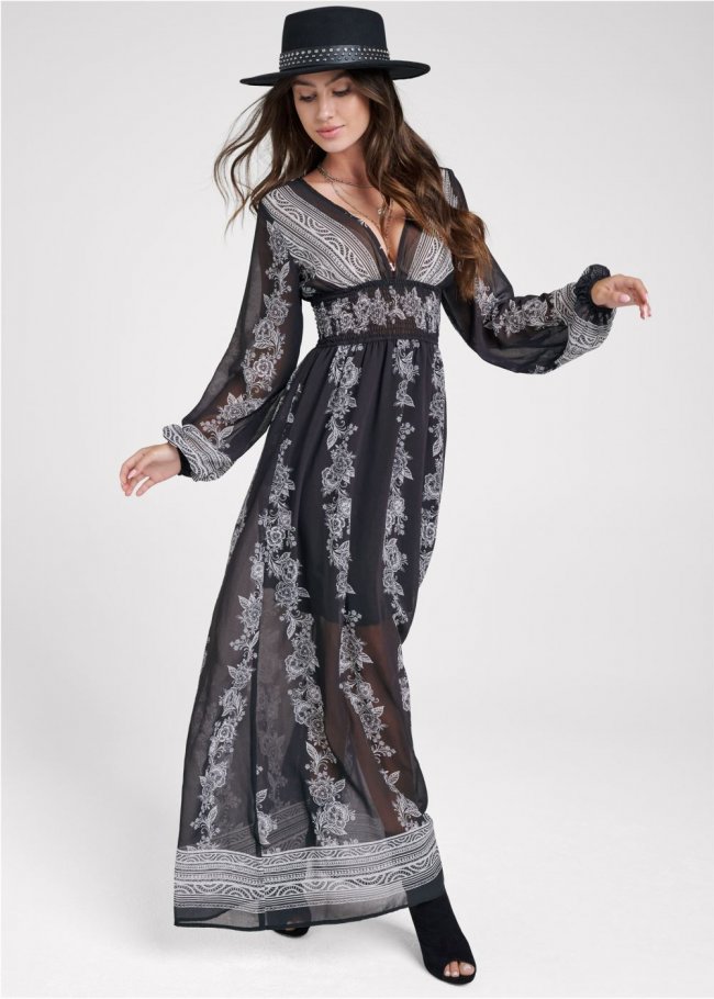 Venus Printed V-Neck Long Dress - Black & White Venus Printed V-Neck Long Dress - Black & White
