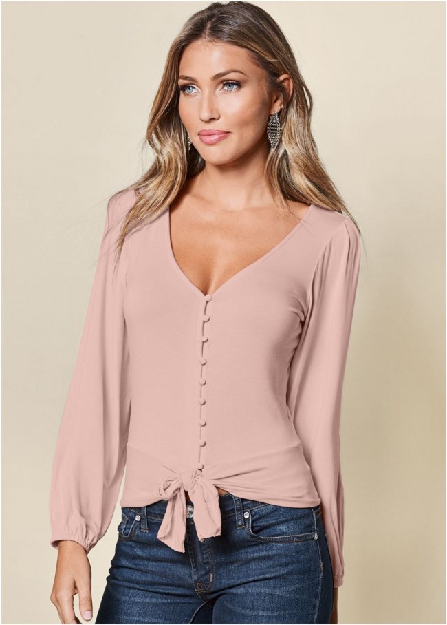 Venus Tie-Front Button-Up Top in Peach Venus Tie-Front Button-Up Top in Peach