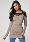 Venus Lace Neckline Ruched Top in Beige Multi Venus Lace Neckline Ruched Top in Beige Multi