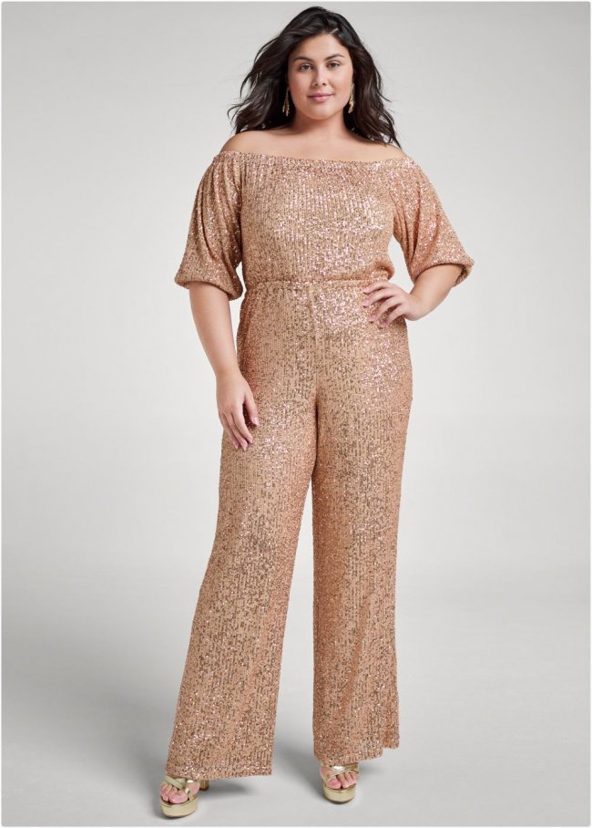 Venus Plus Size Off-Shoulder Sequin Jumpsuit in Rose Gold Venus Plus Size Off-Shoulder Sequin Jumpsuit in Rose Gold