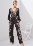 Venus Plus Size Leaf Print Smocked Jumpsuit in Black Multi Venus Plus Size Leaf Print Smocked Jumpsuit in Black Multi