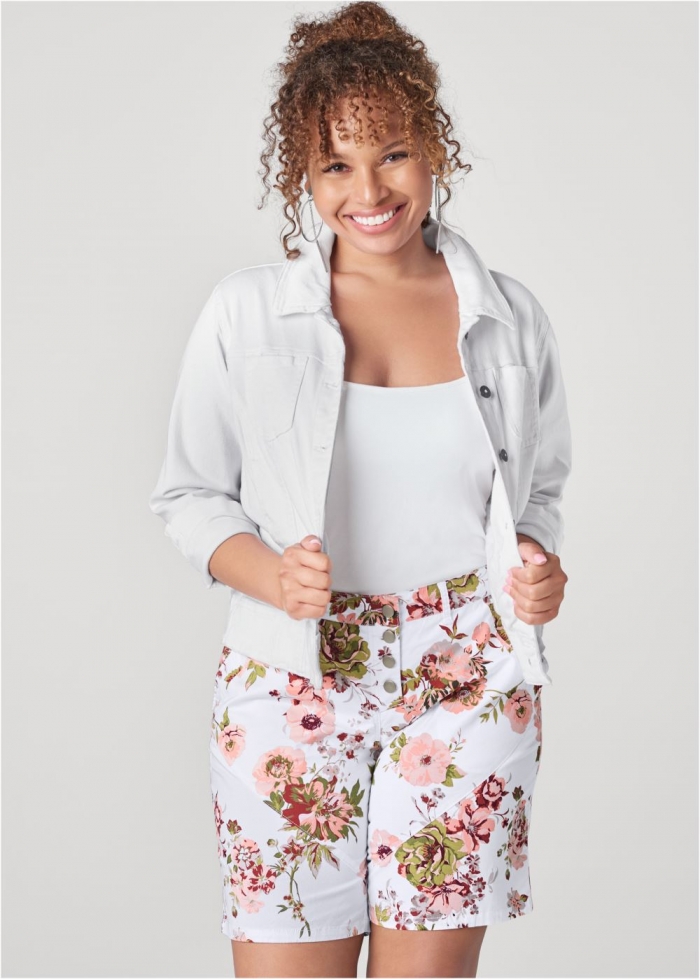 Venus Plus Size Rolled Cuff Shorts - White Multi