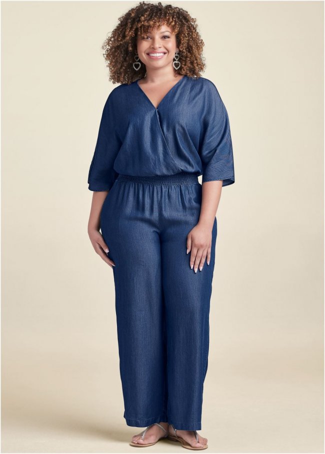 Venus Plus Size Chambray Jumpsuit in Dark Wash Venus Plus Size Chambray Jumpsuit in Dark Wash
