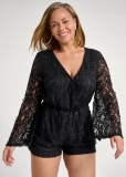 Venus Plus Size Sequin Lace Open-Back Romper in Black Venus Plus Size Sequin Lace Open-Back Romper in Black