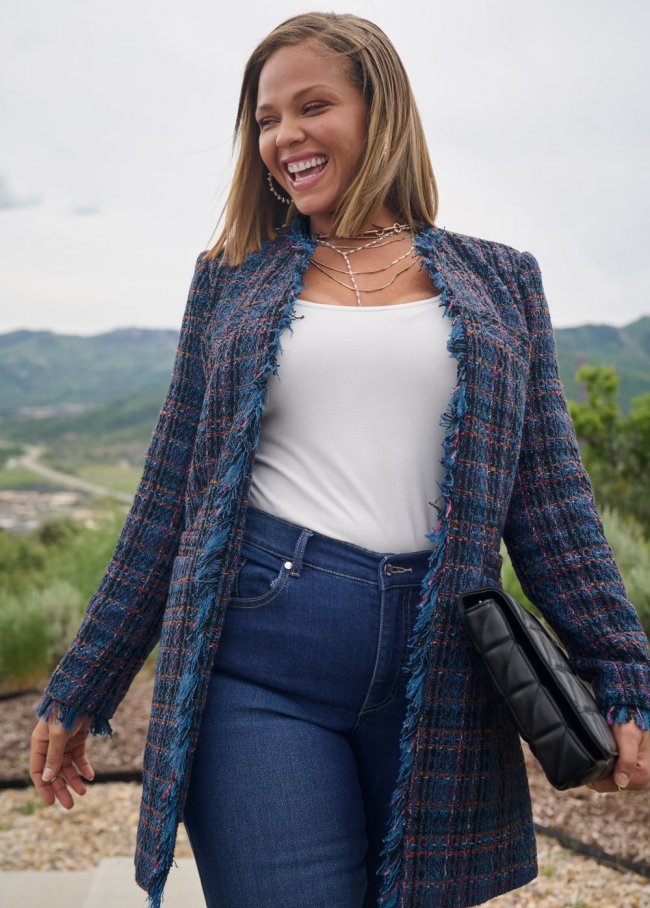 Venus Open Front Tweed Fringe Jacket in Navy Multi Venus Open Front Tweed Fringe Jacket in Navy Multi