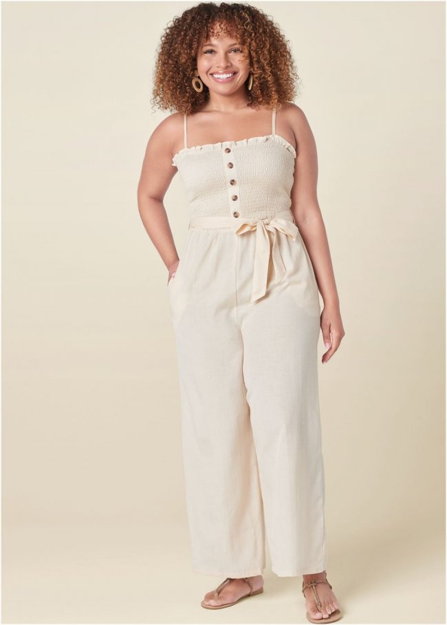 Venus Plus Size Smocked Detail Linen Jumpsuit in Sand Venus Plus Size Smocked Detail Linen Jumpsuit in Sand