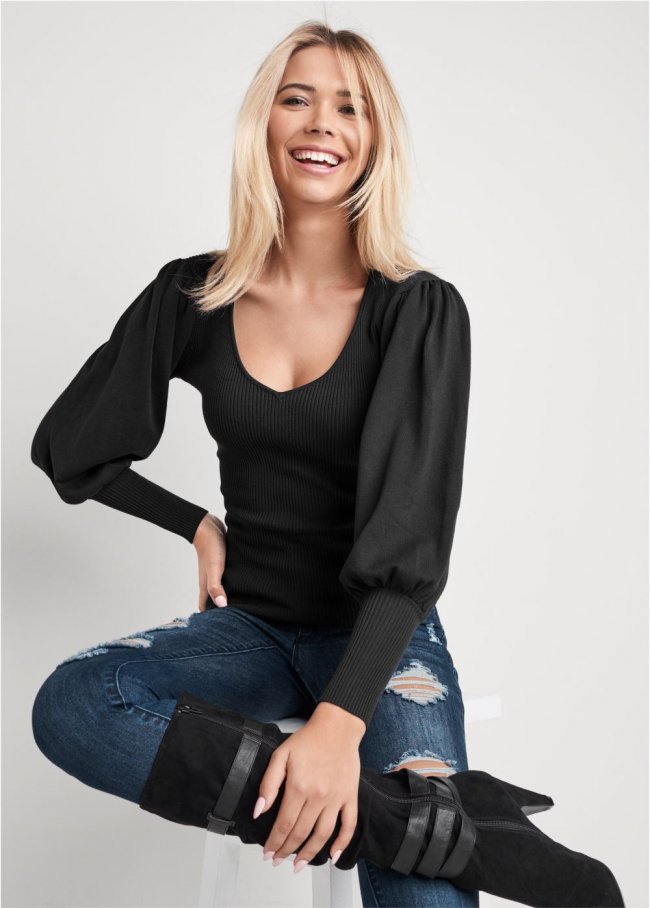 Venus Plus Size Puff Sleeve Sweater in Black Venus Plus Size Puff Sleeve Sweater in Black