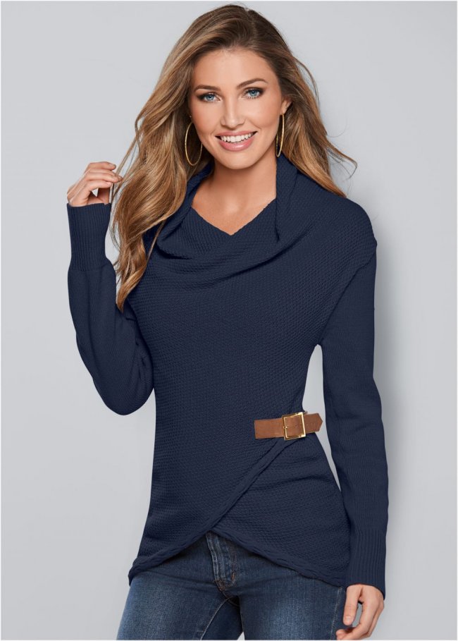 Venus Plus Size Side Buckle Detail Sweater in Navy Venus Plus Size Side Buckle Detail Sweater in Navy