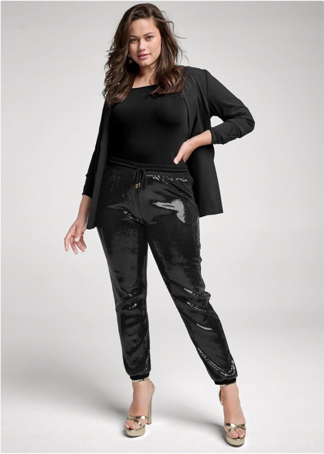 Venus Plus Size Sequin Jogger Pants in Black Venus Plus Size Sequin Jogger Pants in Black