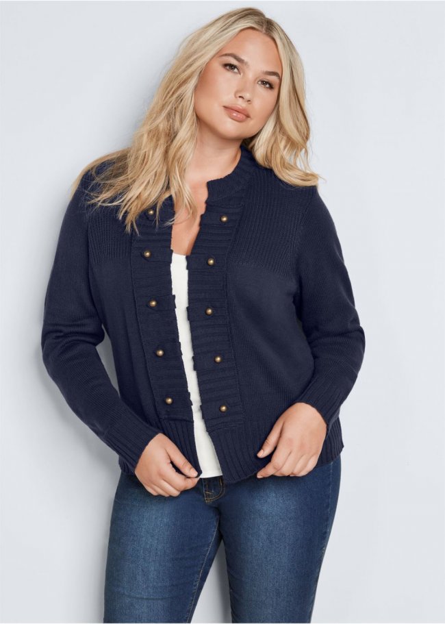 Venus Plus Size Tab Button Detail Cardigan in Navy Venus Plus Size Tab Button Detail Cardigan in Navy