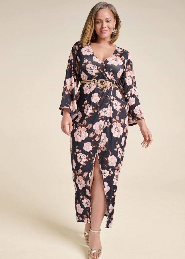 Venus Black Multi FALL FLORAL PRINT KIMONO DRESS Venus Black Multi FALL FLORAL PRINT KIMONO DRESS
