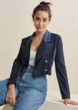 Venus Denim And Pinstripe Blazer in Medium Wash Venus Denim And Pinstripe Blazer in Medium Wash