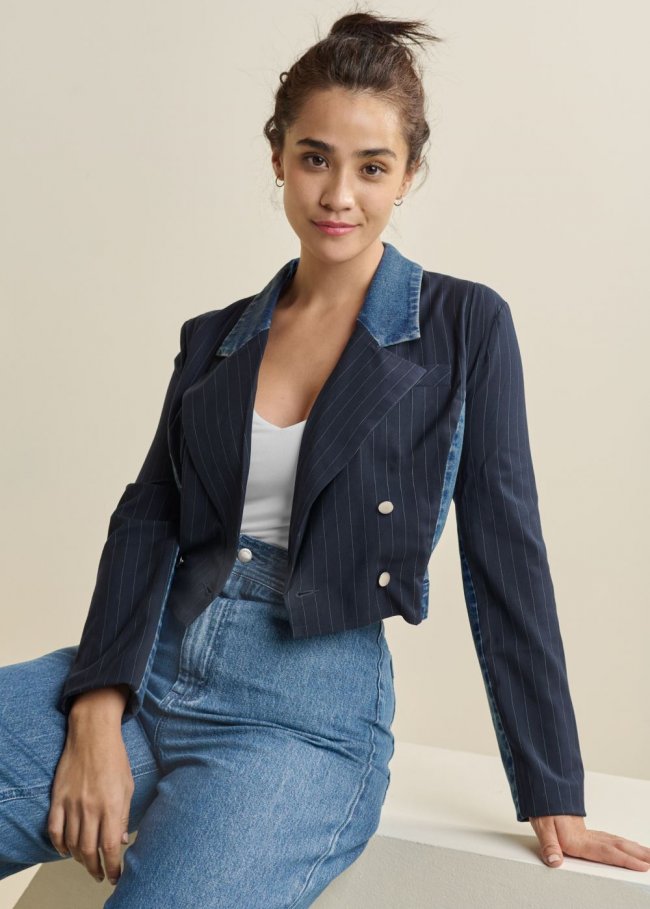 Venus Denim And Pinstripe Blazer in Medium Wash Venus Denim And Pinstripe Blazer in Medium Wash